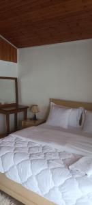 a large white bed in a bedroom with a wooden ceiling at Rosa B&B in Lin