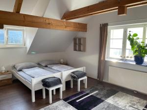 a bedroom with two beds and two windows at Haus Kampl - Appartement Grundlsee in Bad Mitterndorf