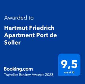 Certifikát, hodnocení, plakát nebo jiný dokument vystavený v ubytování Hartmut Friedrich Apartment Port de Soller