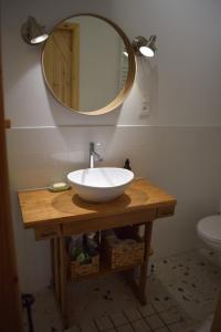 a bathroom with a white sink and a mirror at Apartament Borówka in Jedlina-Zdrój