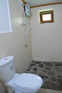 La salle de bains est pourvue de toilettes blanches et d'une fenêtre. dans l'établissement The Lodge at Galapitiyaya Estate, à Haputale