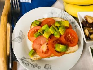 a plate with a sandwich with tomatoes and vegetables on it at Pisgah Guesthouse in Blaenau-Ffestiniog