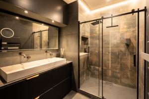La salle de bains est pourvue d'un lavabo et d'une douche. dans l'établissement Le Passage Royal - Les Maisons de Madeleine, à Nantes
