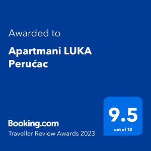 Certifikát, hodnocení, plakát nebo jiný dokument vystavený v ubytování Apartmani LUKA Perućac