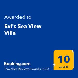 Un certificado, premio, cartel u otro documento en Evi's Sea View Villa