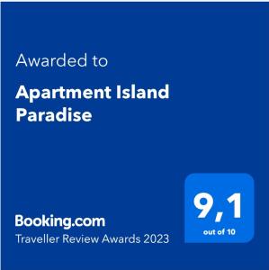 Sertifikāts, apbalvojums, norāde vai cits dokuments, kas ir izstādīts apskatei naktsmītnē Apartment Island Paradise