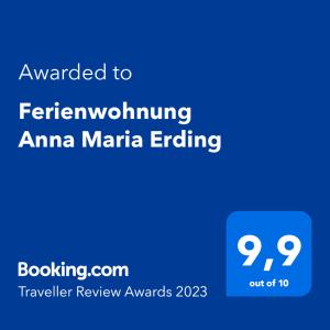 Sertifikatas, apdovanojimas, ženklas ar kitas apgyvendinimo įstaigoje Ferienwohnung Anna Maria Erding matomas dokumentas