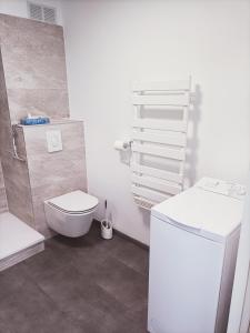 uma casa de banho branca com um WC e um lavatório em Superbe appartement avec piscine chauffée et parking privé - La Clé Chaumoise em La Rudelière