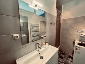 een badkamer met een wastafel en een spiegel bij Le Miramar, face mer et standing in Saint-Jean-de-Monts