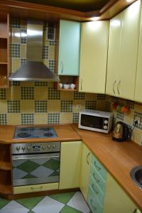 een keuken met een fornuis en een magnetron bij Apartament Julia 1-6 os II piętro in Kielce