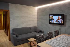 een woonkamer met een bank en een tv aan een bakstenen muur bij Apartament Julia 1-6 os II piętro in Kielce