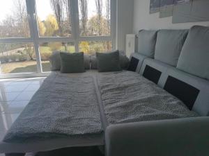 een bed in een kamer met een bank en ramen bij Schöne und ruhige Wohnung direkt an der Mosel in Koblenz