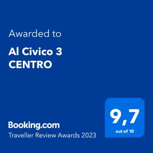 a blue text box with the words awarded to a giveico centric at Al Civico 3 CENTRO in Polignano a Mare