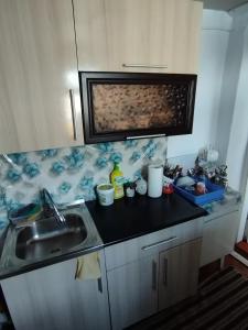 a kitchen counter with a sink and a microwave at Guest house SONO adress Derbisheva 202 in Karakol