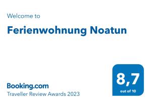 Certifikát, hodnocení, plakát nebo jiný dokument vystavený v ubytování Ferienwohnung Noatun