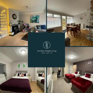 un collage de fotos de una sala de estar y un dormitorio en Dwellers Delight Living Ltd 2 Bed House with Wi-Fi in Loughton, Essex en Loughton