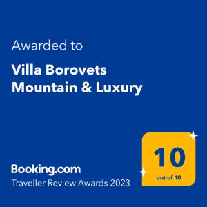 Ett certifikat, pris eller annat dokument som visas upp på Villa Borovets Mountain & Luxury