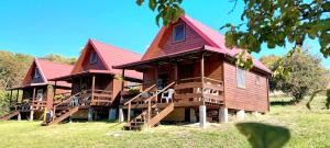 a large wooden cabin with a red roof at Pod Kasztanem in Lubin