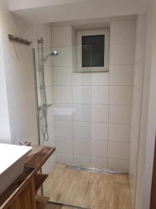 łazienka z prysznicem, umywalką i oknem w obiekcie MIKAS HAUS w mieście Bad Aussee