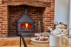 a fireplace in a living room with a stove at The Coach House, Hambledon in Hambledon