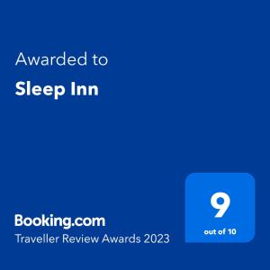 Ett certifikat, pris eller annat dokument som visas upp på Sleep Inn