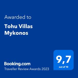 a blue phone screen with the text awarded to tijuana villas myxkos at Tohu Villas Mykonos in Ornos