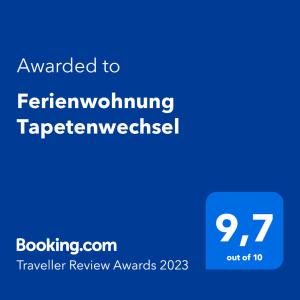 Ferienwohnung Tapetenwechsel -Balkon- tesisinde sergilenen bir sertifika, ödül, işaret veya başka bir belge