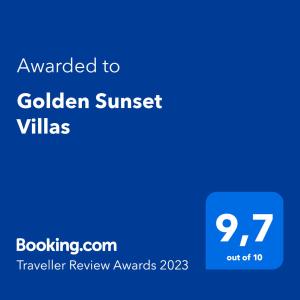 um ecrã azul com o texto atribuído a villas douradas ao pôr-do-sol em Golden Sunset Villas em Agios Ioannis