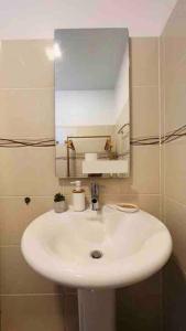 La salle de bains est pourvue d'un lavabo blanc et d'un miroir. dans l'établissement VILLA FRUIT A PAIN T3, à Cayenne