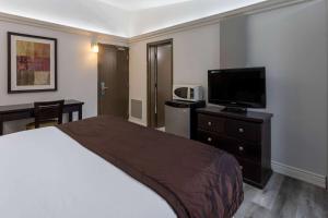 um quarto de hotel com uma cama e uma televisão de ecrã plano em Travelodge by Wyndham Sarnia em Sarnia