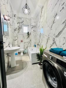a washing machine in a bathroom with a sink at Altheda Living Topaz 29C-14 in Sfîntu Ilie