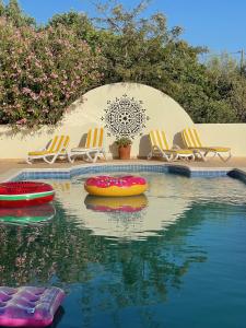 a swimming pool with four chairs at Casa do Monte in Loulé