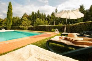 einen Stuhl mit Sonnenschirm neben einem Pool in der Unterkunft Casetta di Butia, Glicine Apartment in Borgo a Mozzano