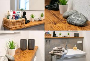 a collage of photos of a bathroom with plants on a shelf at Ferienhaus am Schlossberg in Ranis in Ranis