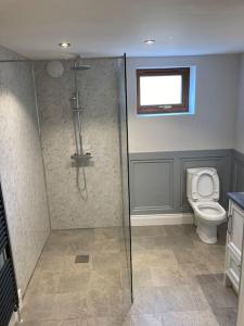 uma casa de banho com um chuveiro e um WC. em RedBayBeach-House em Glenariff
