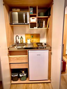 una pequeña cocina con fregadero y lavavajillas en FeWo Immenstadt Apartment en Immenstadt im Allgäu