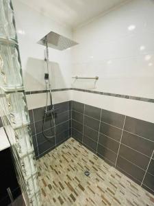ein Bad mit Dusche und Fliesenboden in der Unterkunft VILLA FRUIT A PAIN T2 in Cayenne