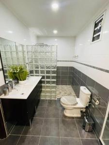 La salle de bains est pourvue de toilettes et d'un lavabo. dans l'établissement VILLA FRUIT A PAIN T2, à Cayenne