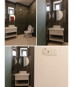 頭頓的住宿－Cassie Boutique Hotel，浴室的两张照片,配有水槽和镜子