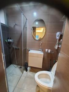 uma casa de banho com um WC, um chuveiro e um espelho. em 旅途中海邊民宿 em Sanzhi