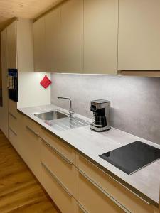 Apartment Bergblick-Mellau في ميلاو: مطبخ مع حوض وآلة صنع القهوة
