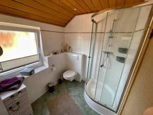 een badkamer met een douche en een toilet bij Dein idyllisches Zuhause auf Zeit in Norderstedt in Norderstedt