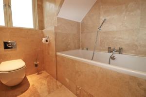 a bathroom with a toilet and a bath tub at STYLISH, BEACHSIDE apartment, sea views in St Merryn