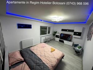 a bedroom with a bed and a tv in it at Apartament cu 2 camere/Curte privata/La parter/Lux oferim factura in Botoşani