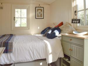 a bedroom with a bed and a desk and windows at Molly The Shepherds Hut in Bampton