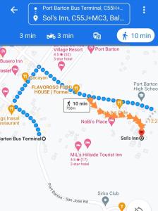 uno screenshot di un cellulare con schermata di una mappa di Sol's Inn - Port Barton a San Vicente