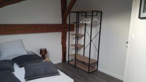 een slaapkamer met een bed en een boekenplank bij SUPERBE T3 AU COEUR DU CENTRE VILLE in Narbonne