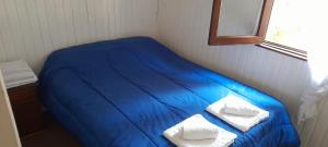 1 cama azul con 2 almohadas en una habitación en Cabaña KM 12 en San Carlos de Bariloche