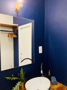 a blue bathroom with a sink and a mirror at Suikerrui 16 App 103 in Antwerp