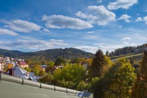 uma vista para uma cidade nas montanhas com árvores em Apartament City Center Studio DeLuxe em Krynica-Zdrój